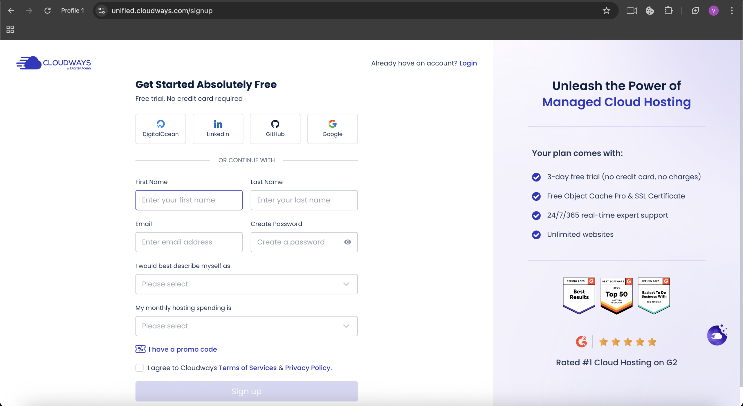 Cloudways website and sign up
