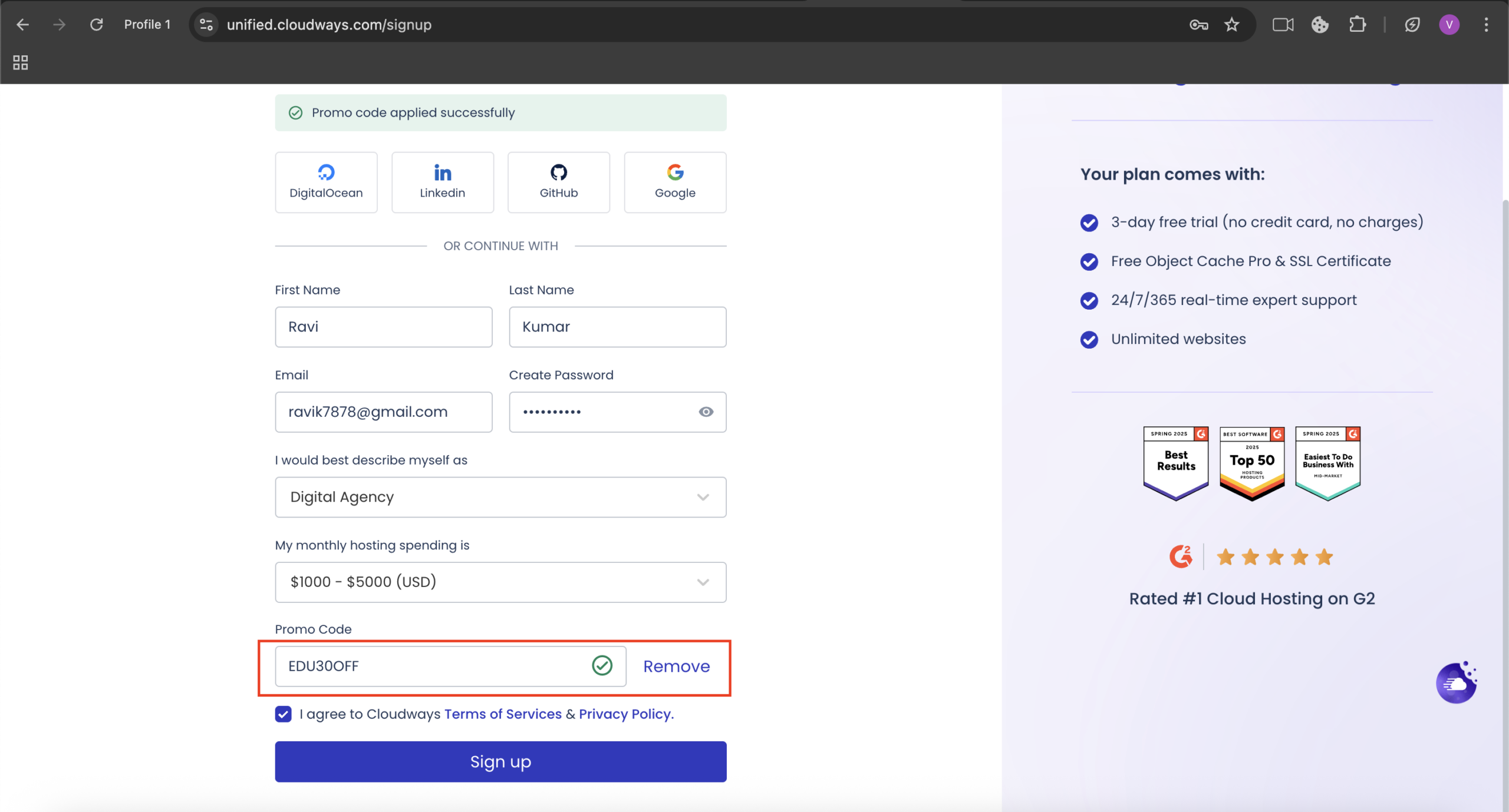 Cloudways Promo code add